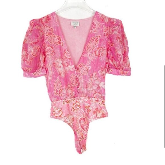 HEMANT AND NANDITA x Revolve bodysuit XS pink/metallic gold puff sleeve - Picture 3 of 7